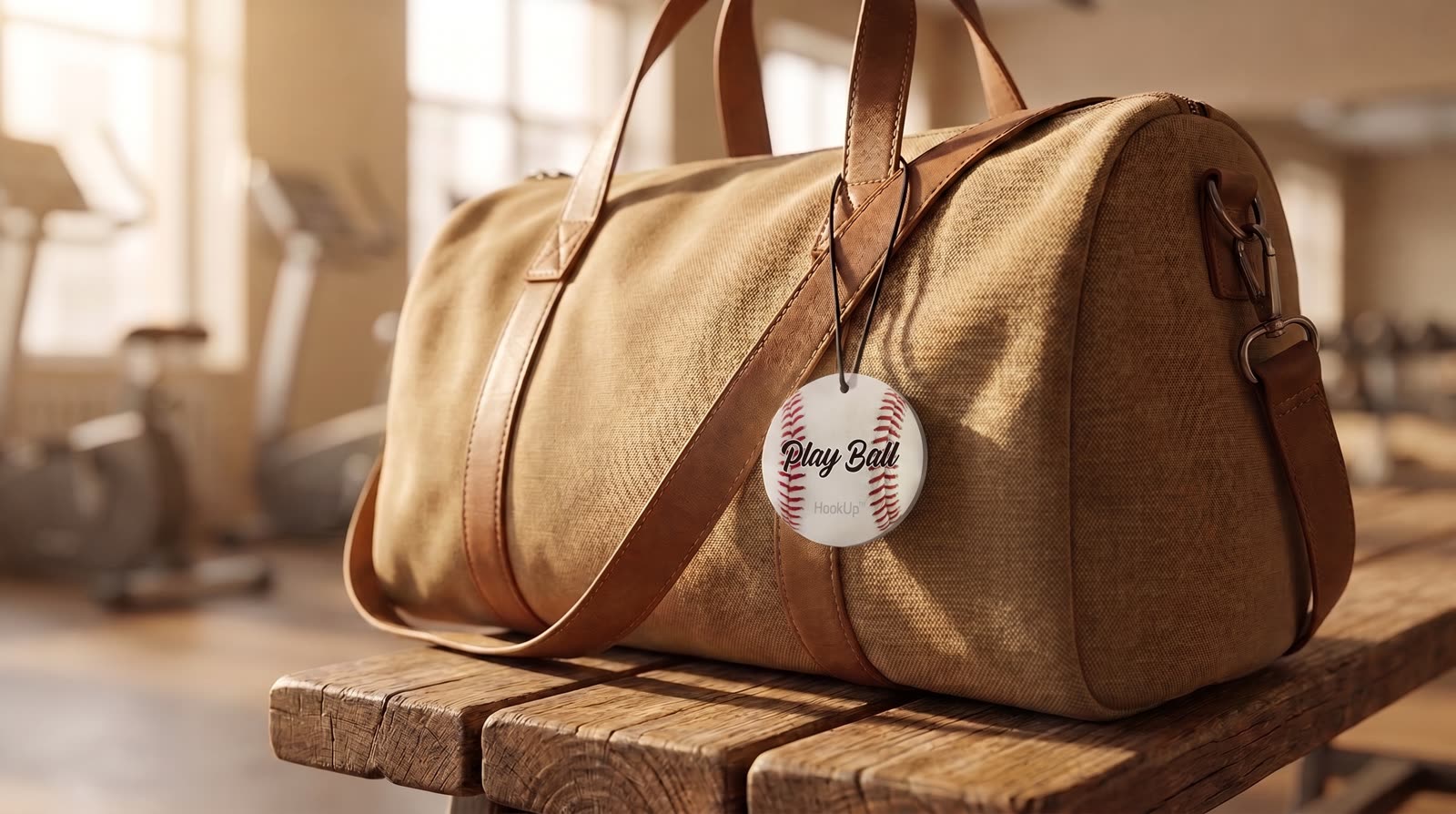 Play Ball baseball freshener hanging from a duffel bag strap