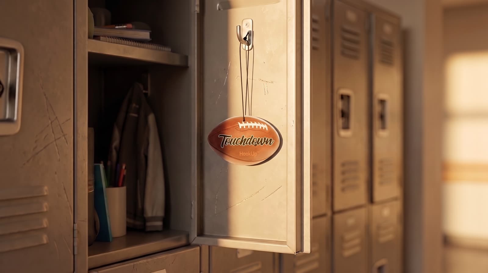 Touchdown football freshener hanging inside an open locker