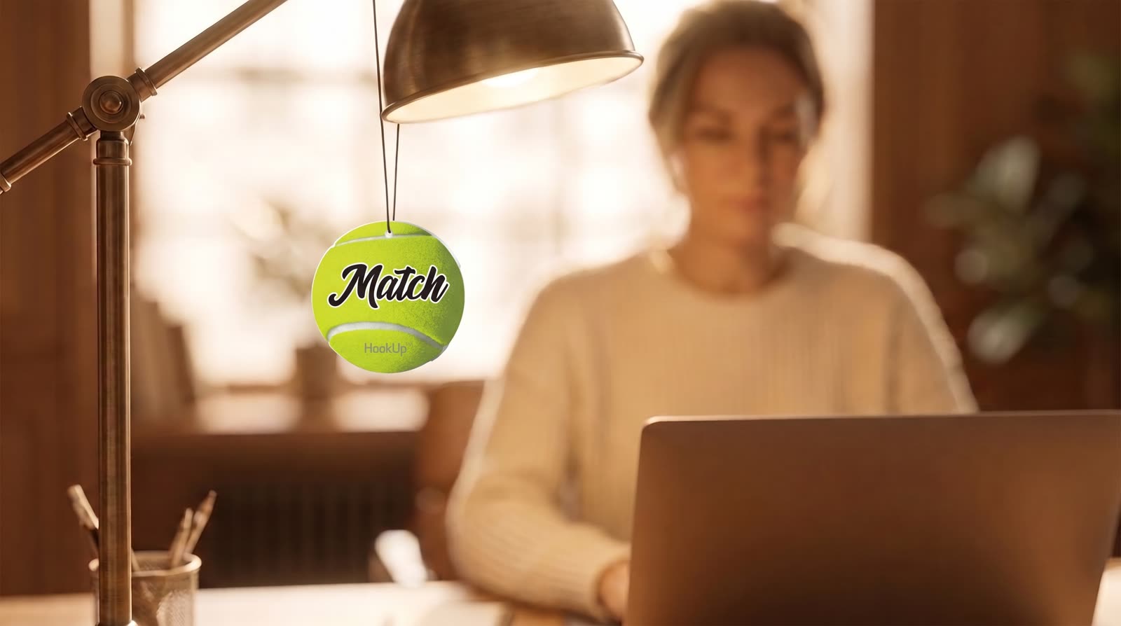 Match tennis freshener hanging from a desk lamp in a warm office