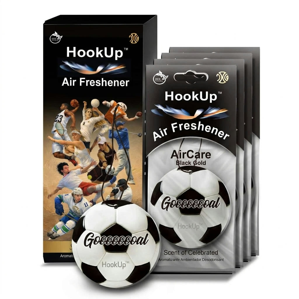 HookUp Air Soccer 4-pack — collage retail box with carded Black Gold Goooooooal fresheners