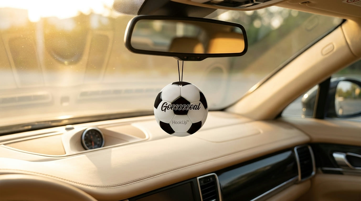Goooooooal soccer freshener hanging from the rear-view mirror of a sunlit luxury car